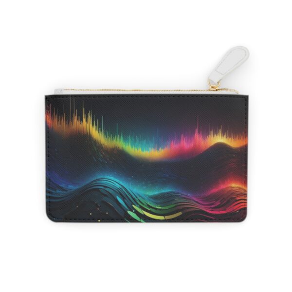 Mini clutch bag with colorful soundwave patterns visualizing music