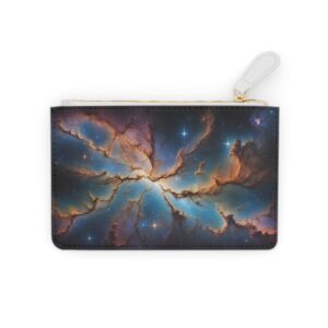 Mini clutch bag with interstellar mosaic featuring cosmic clouds and star clusters