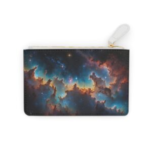 Mini clutch bag with a celestial design of cosmic clouds and stars