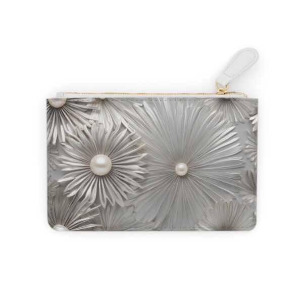 Elegant Mini Clutch Bag with Streamlined Sunburst Motifs in Silver and Pearl Tones