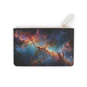 Mini clutch bag with an interstellar mosaic of cosmic clouds and star clusters