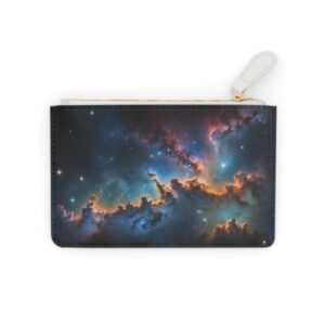 Mini clutch bag with a celestial design of cosmic clouds and stars