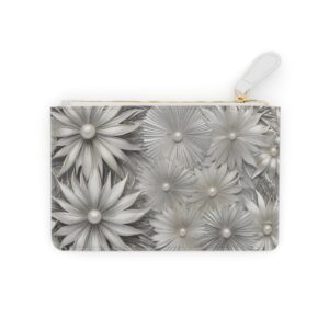 Luxurious Mini Clutch Bag with Streamlined Sunburst Motifs in Silver and Pearl Tones