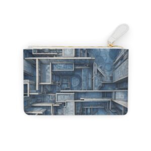 Mini clutch bag with detailed architectural blueprints forming a mosaic