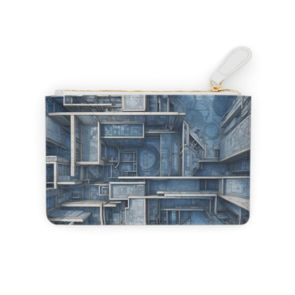 Mini clutch bag with detailed architectural blueprints forming a mosaic