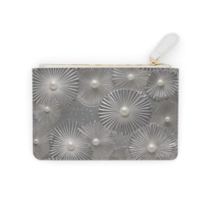 Elegant Mini Clutch Bag with Streamlined Sunburst Motifs in Silver and Pearl Tones