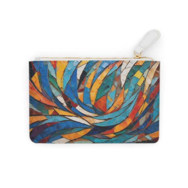 Mini clutch bag with dynamic abstract brushstrokes forming a cohesive mosaic