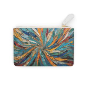 Mini clutch bag with dynamic abstract brushstrokes forming a mosaic