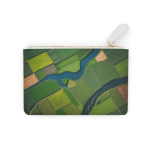 Aerial view of river flowing through farmlands on a mini clutch bag