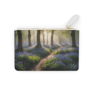 Fresh dewy morning garden with bluebells on a Mini Clutch Bag.