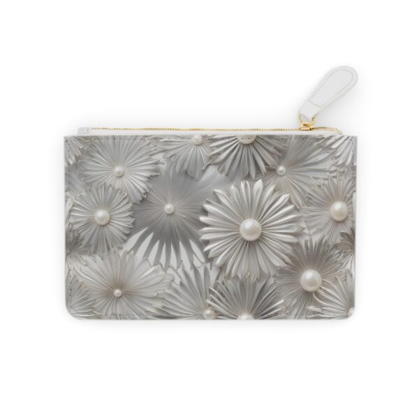 Stylish Mini Clutch Bag with Streamlined Sunburst Motifs in Silver and Pearl Tones