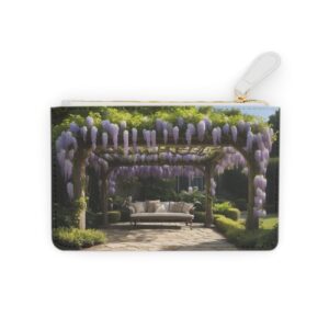 Elegant wisteria vines cascading over a shaded pergola on a Mini Clutch Bag.