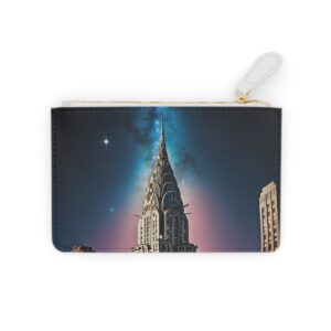 Chrysler Building spire with a starry sky and moon at night