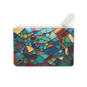 Stained glass-inspired mosaic with abstract shapes in jewel tones