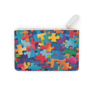 Abstract puzzle pieces in a colorful, dynamic pattern on a Mini Clutch Bag