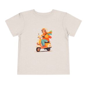 Toddler Short Sleeve Tee with a smiling rider on a scooter and colorful scarf design