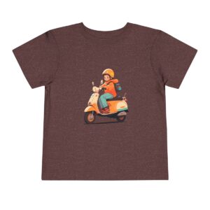 Toddler Short Sleeve Tee with a smiling rider on a scooter design