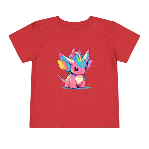 Red toddler short sleeve tee with a colorful adorable triceratops design