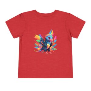 Red toddler short sleeve tee with a colorful baby Microraptor graphic in the center