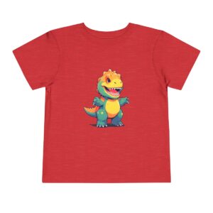 Red toddler short sleeve tee with a colorful baby T-Rex graphic in the center