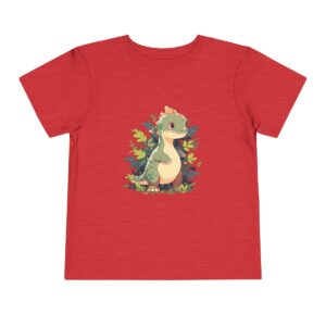 Toddler short sleeve tee with a friendly Brachiosaurus design on a red background