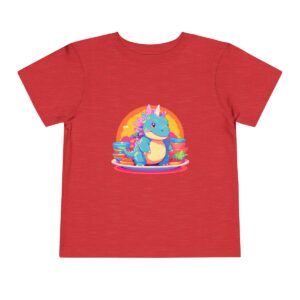 Toddler short sleeve tee with a happy Stegosaurus design on a red background