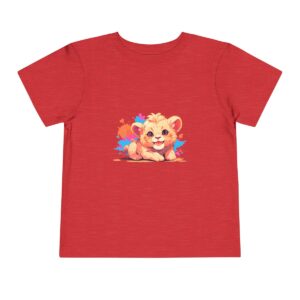 Toddler short sleeve tee with a cute lion design on a red background