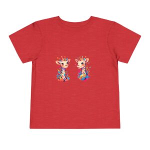 Toddler short sleeve tee with a happy giraffes design on a red background