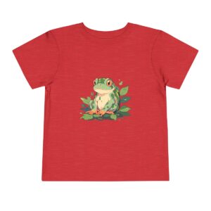 Toddler short sleeve tee with a cute jungle frog design on a red background