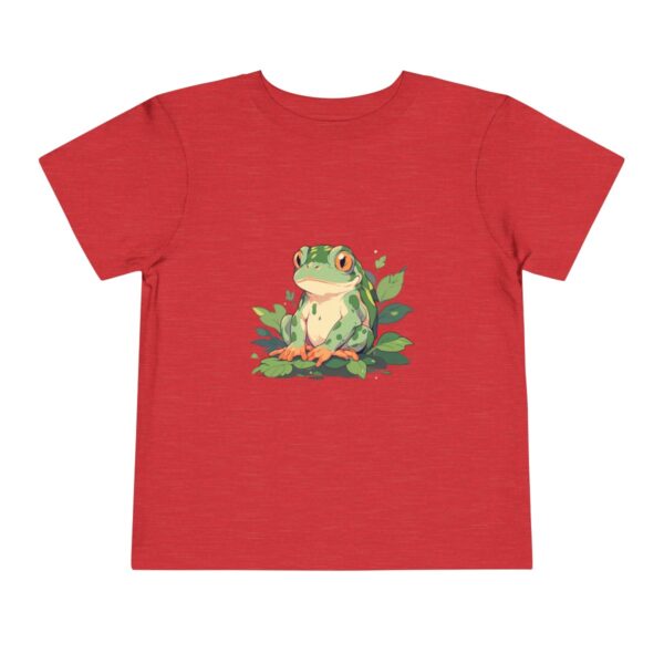 Toddler short sleeve tee with a cute jungle frog design on a red background