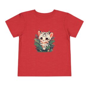 Toddler short sleeve tee with a baby leopard design on a red background