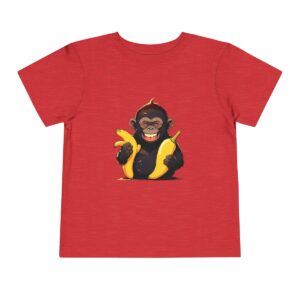 Toddler short sleeve tee with a baby gorilla design featuring a gorilla holding bananas on a red background