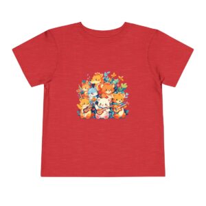 Toddler short sleeve tee with a jungle animals design featuring various animals on a red background