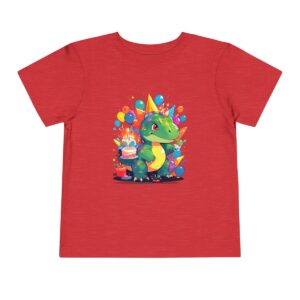 Toddler Short Sleeve Tee with a baby dinosaur holding a birthday cake design