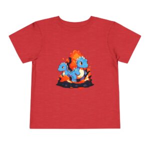 Toddler Short Sleeve Tee with two cute blue baby dinosaurs and a fiery background design