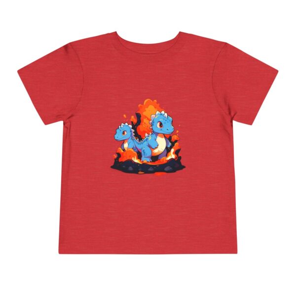 Toddler Short Sleeve Tee with two cute blue baby dinosaurs and a fiery background design