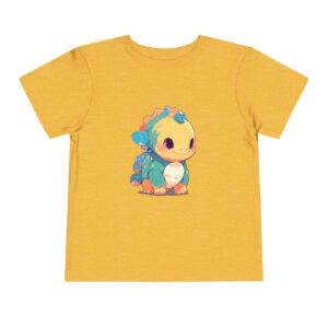 Toddler short sleeve tee with a baby Pachycephalosaurus design on a yellow background