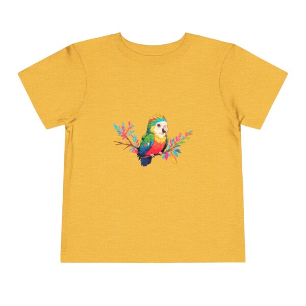 Toddler short sleeve tee with a cheerful parrot design on a yellow background