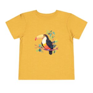 Toddler short sleeve tee with a colorful toucan design on a yellow background