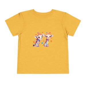 Toddler short sleeve tee with a happy giraffes design on a yellow background