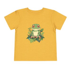 Toddler short sleeve tee with a cute jungle frog design on a yellow background