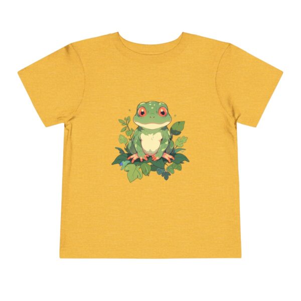 Toddler short sleeve tee with a cute jungle frog design on a yellow background