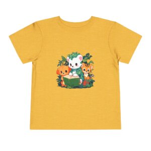 Toddler short sleeve tee with a baby animals design featuring a cute white animal and friends on a yellow background