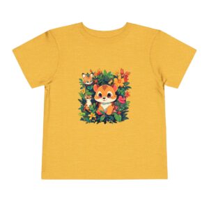 Toddler short sleeve tee with a baby animals design featuring a fox and other animals on a yellow background