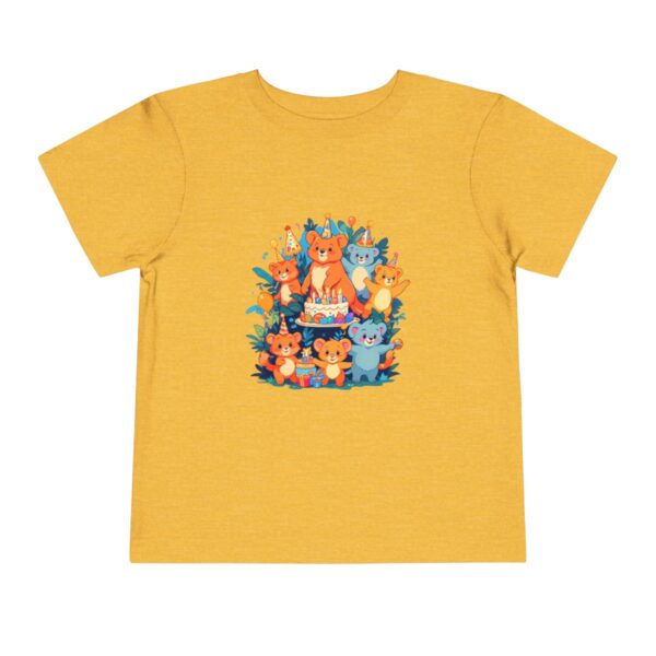 Toddler short sleeve tee with a jungle animals design featuring various animals on a yellow background