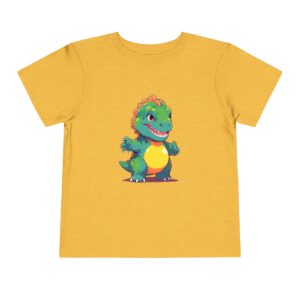 Toddler short sleeve tee with a baby T-Rex design on a yellow background