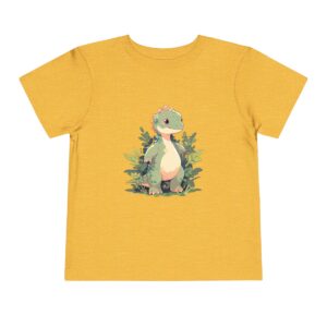 Toddler short sleeve tee with a friendly Brachiosaurus design on a yellow background