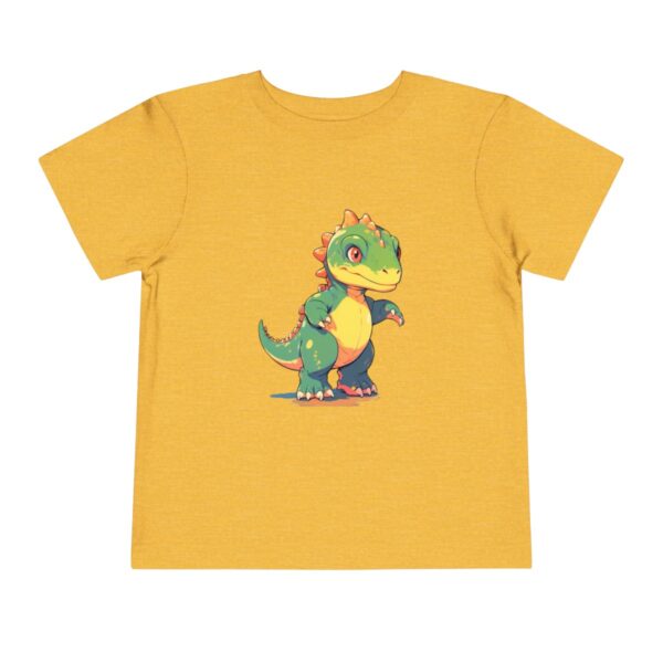 Toddler short sleeve tee with a baby Allosaurus design on a yellow background