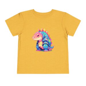 Toddler short sleeve tee with a smiling Ankylosaurus design on a yellow background