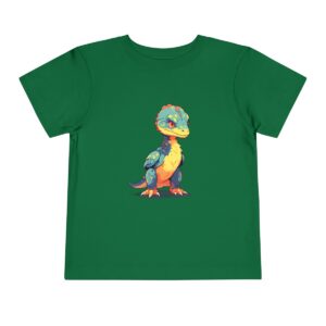 Green toddler short sleeve tee with an adorable baby velociraptor design